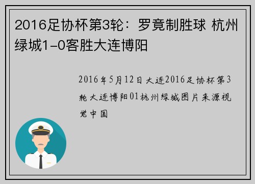 2016足协杯第3轮：罗竟制胜球 杭州绿城1-0客胜大连博阳