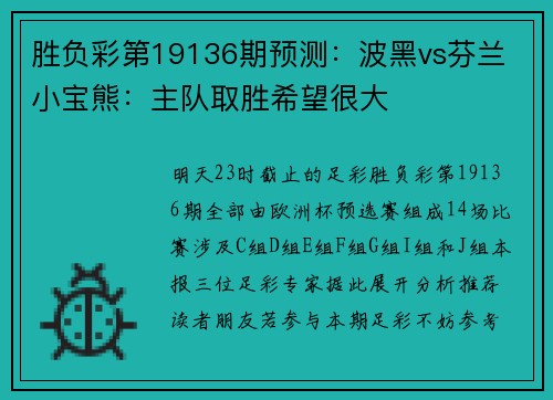 胜负彩第19136期预测：波黑vs芬兰 小宝熊：主队取胜希望很大