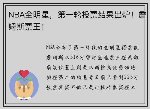 NBA全明星，第一轮投票结果出炉！詹姆斯票王！