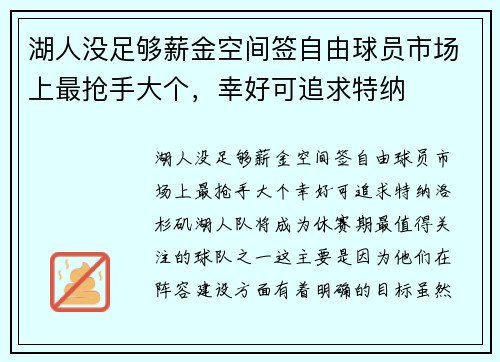 湖人没足够薪金空间签自由球员市场上最抢手大个，幸好可追求特纳